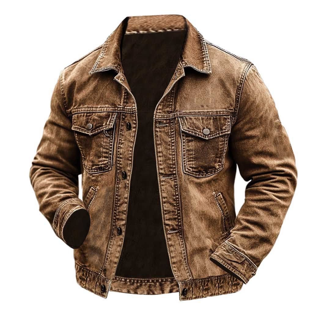 Men's Vintage Western Cowboy Multi-Pocket Distressed Lapel Outdoor Jacket-Unitsen