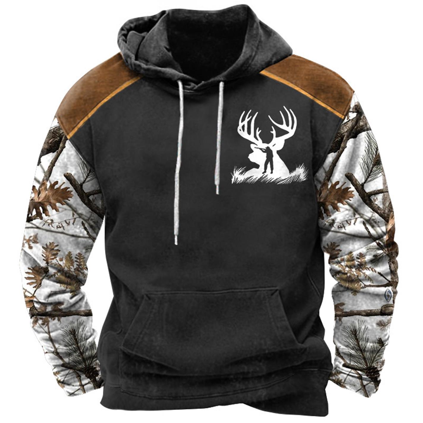 Men's Hoodie Vintage Hunting Deer Woods Print Pocket Long Sleeve Daily Tops-Unitsen
