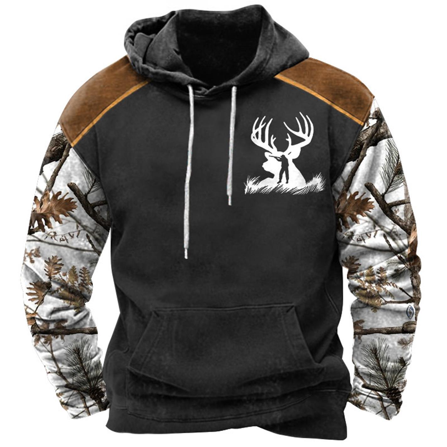 Men's Hoodie Vintage Hunting Deer Woods Print Pocket Long Sleeve Daily Tops-Unitsen
