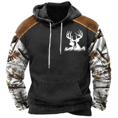 Men's Hoodie Vintage Hunting Deer Woods Print Pocket Long Sleeve Daily Tops-Unitsen