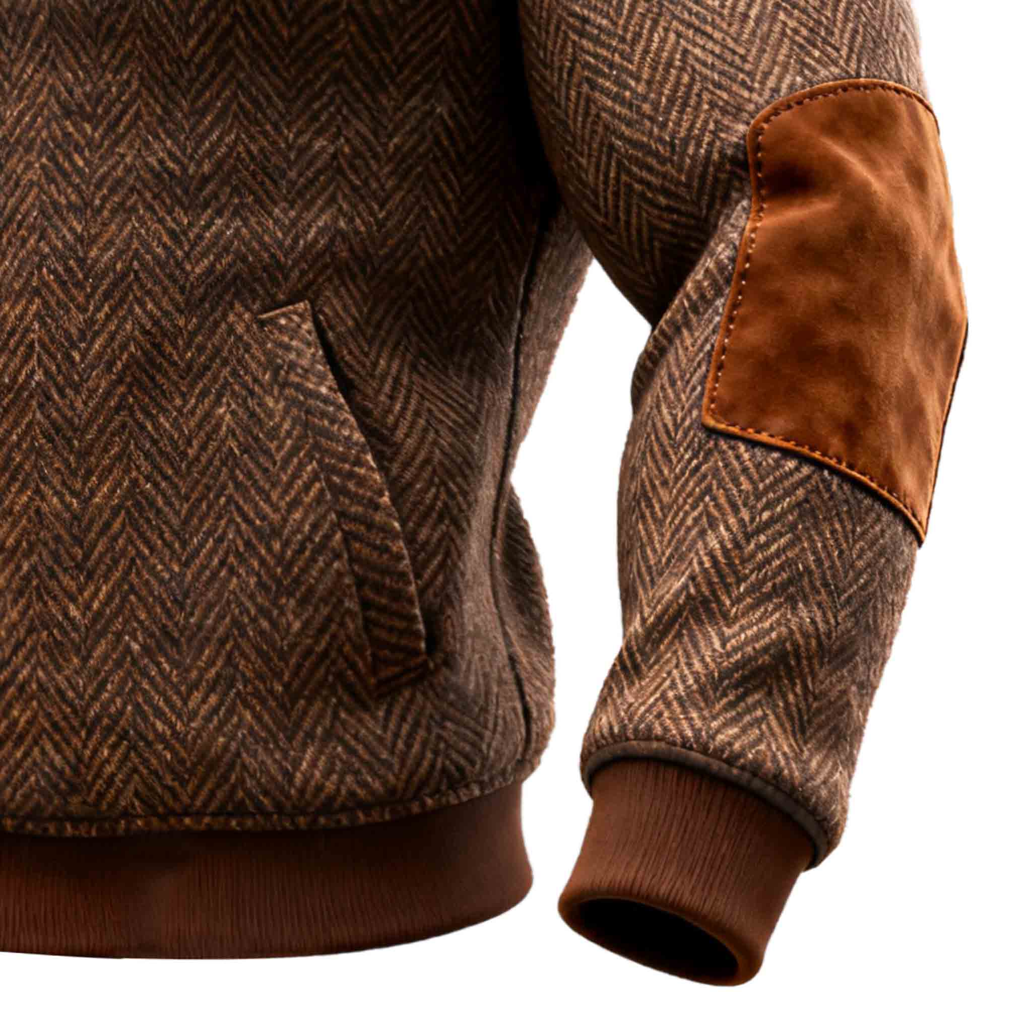 Men's Vintage Brown Herringbone Wool Suede Elbow Patches Quarter Zip Lapel Sweatshirt-Unitsen