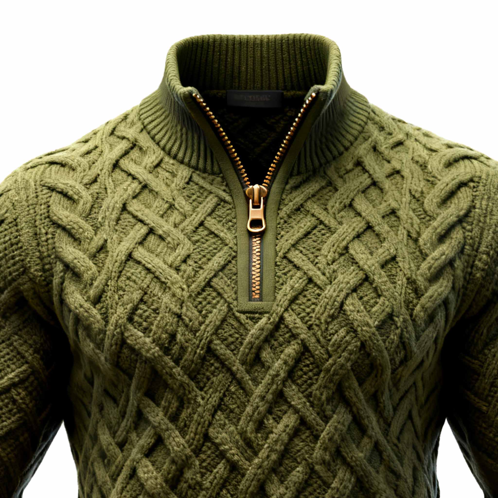 Men's Vintage Olive Green Cable Knit Quarter Zip Stand Collar Sweater-Unitsen