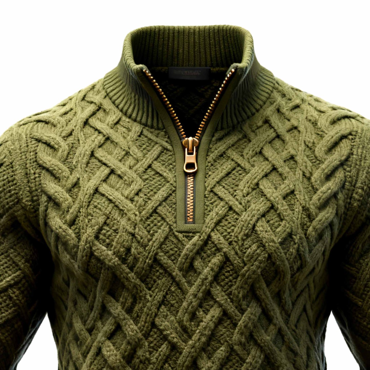 Men's Vintage Olive Green Cable Knit Quarter Zip Stand Collar Sweater-Unitsen