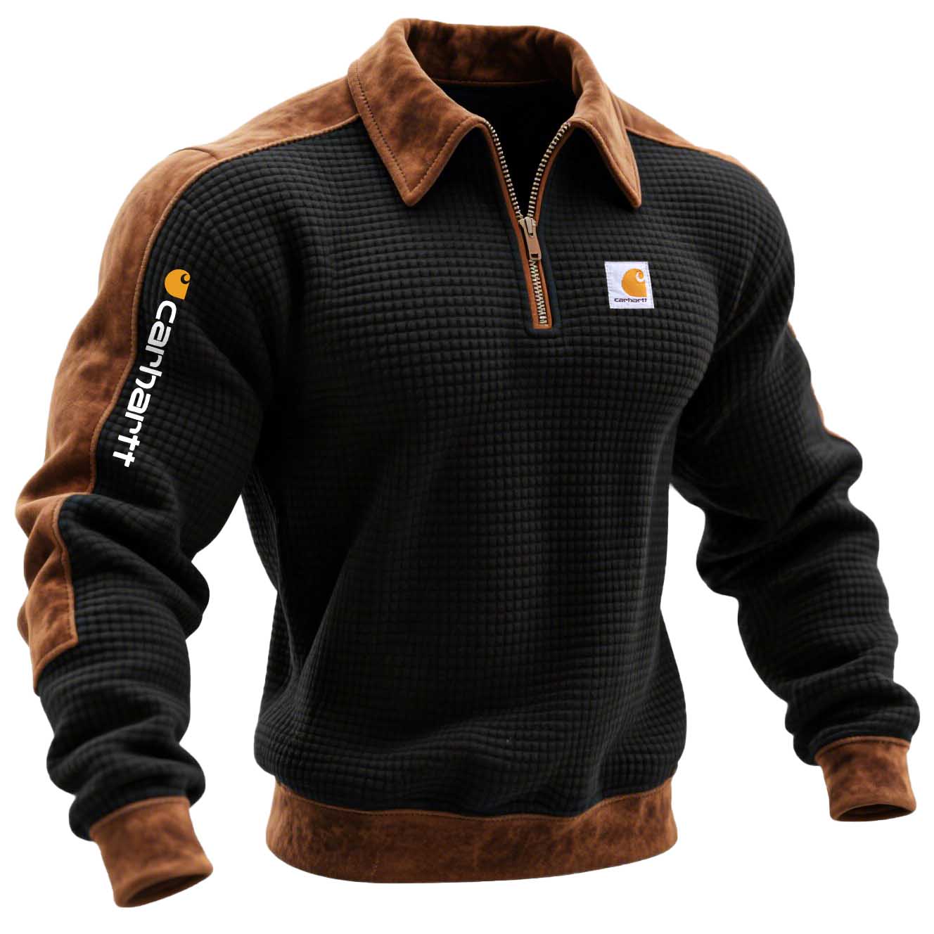 Men's Vintage Waffle Quilted Panel Suede Trim Quarter Zip Lapel Sweatshirt-Unitsen