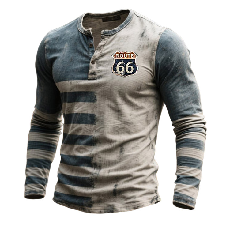 Men's Vintage Route 66 Striped Henley Long Sleeve T-Shirt-Unitsen