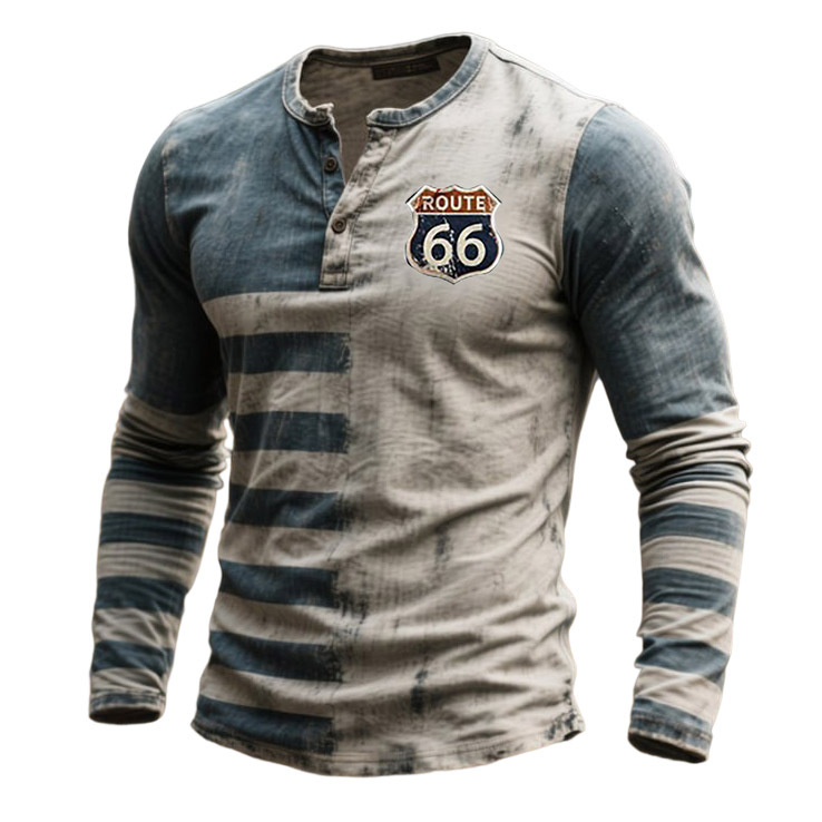 Men's Vintage Route 66 Striped Henley Long Sleeve T-Shirt-Unitsen
