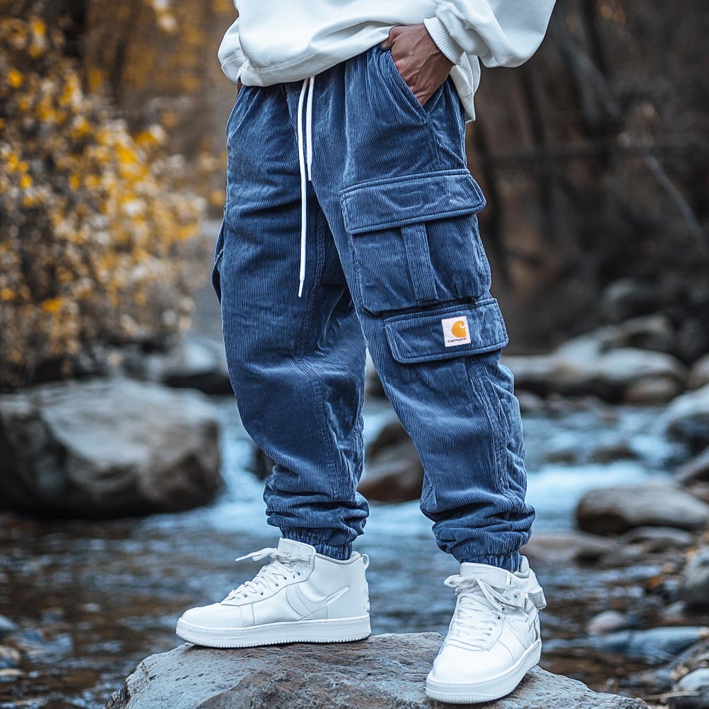Men's Vintage Outdoor Corduroy Multi-Pocket Drawstring Cargo Pants Joggers-Unitsen