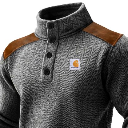 Men's Vintage Dark Gray Herringbone Suede Elbow Patches Button-Down Stand Collar Sweatshirt-Unitsen