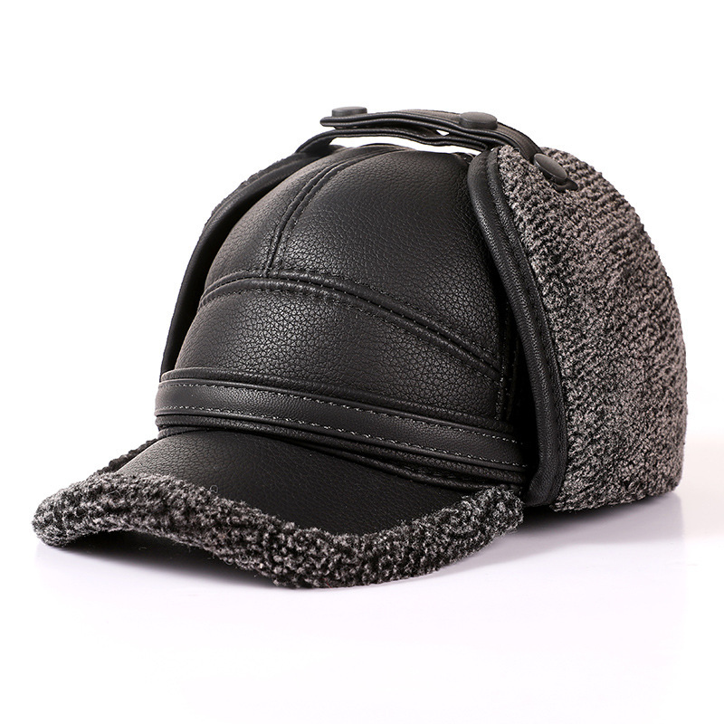 Men's Thickened Warm Earmuffs Buckle Leather Cap-Unitsen