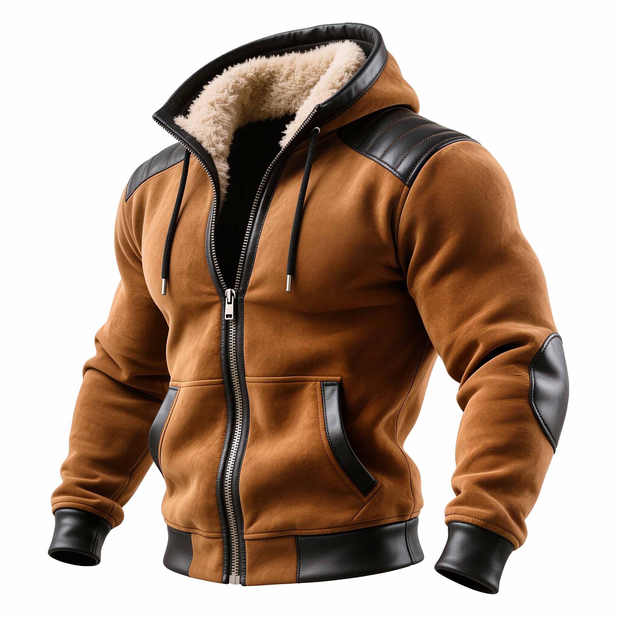 Men's Vintage Suede And Leather Patchwork Fleece Warm Hooded Jacket