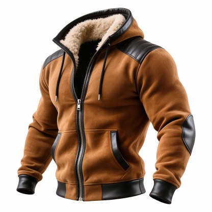 Men's Vintage Suede And Leather Patchwork Fleece Warm Hooded Jacket