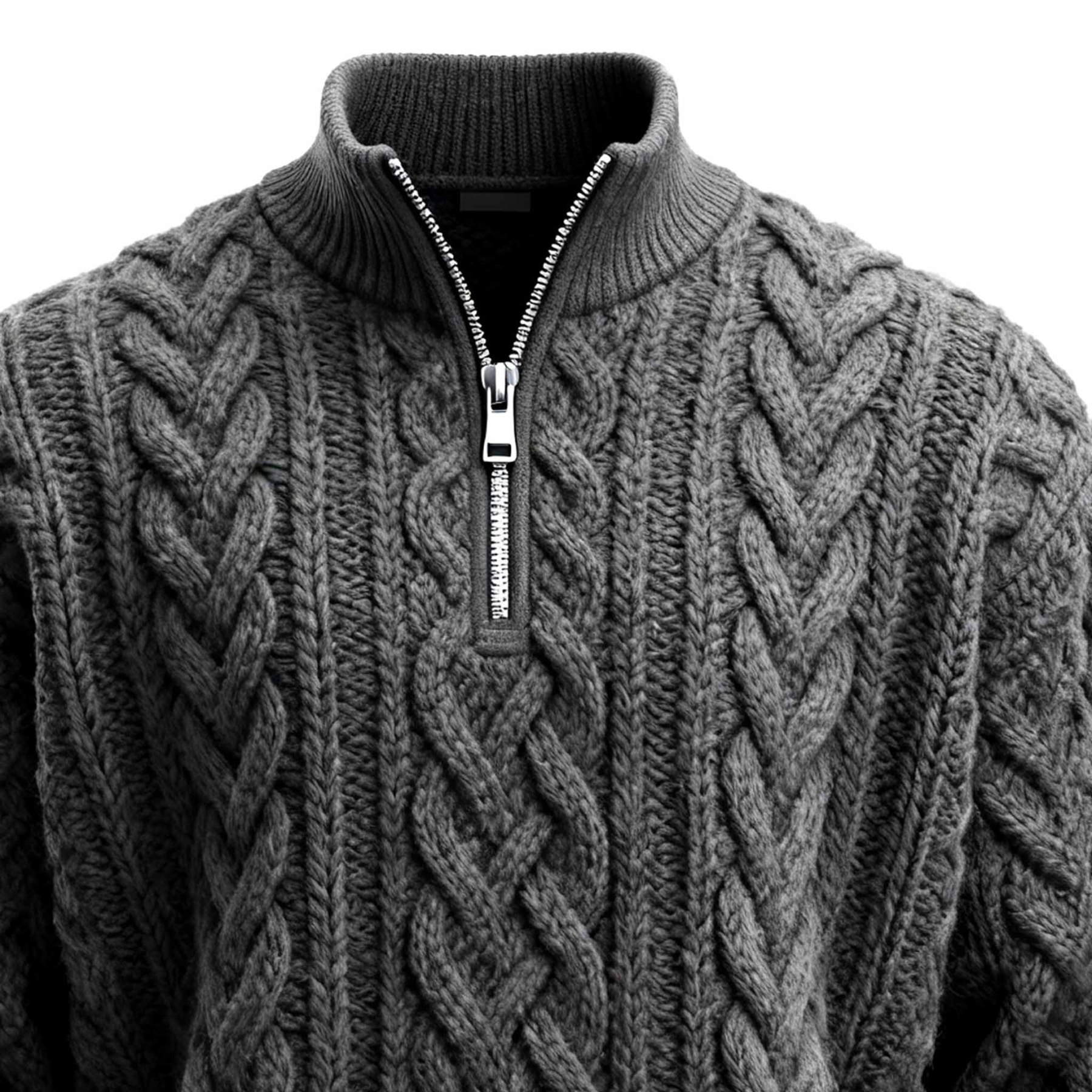 Men's Vintage Gray Cable Knit Zip-Up Stand Collar Sweater-Unitsen