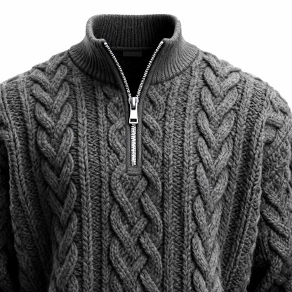 Men's Vintage Gray Cable Knit Zip-Up Stand Collar Sweater-Unitsen
