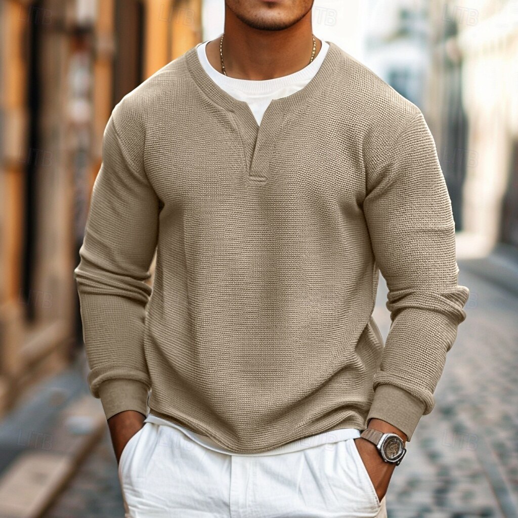 Men's Vintage Waffle Crew Neck Fake Two-Piece Long Sleeve T-shirt-Unitsen