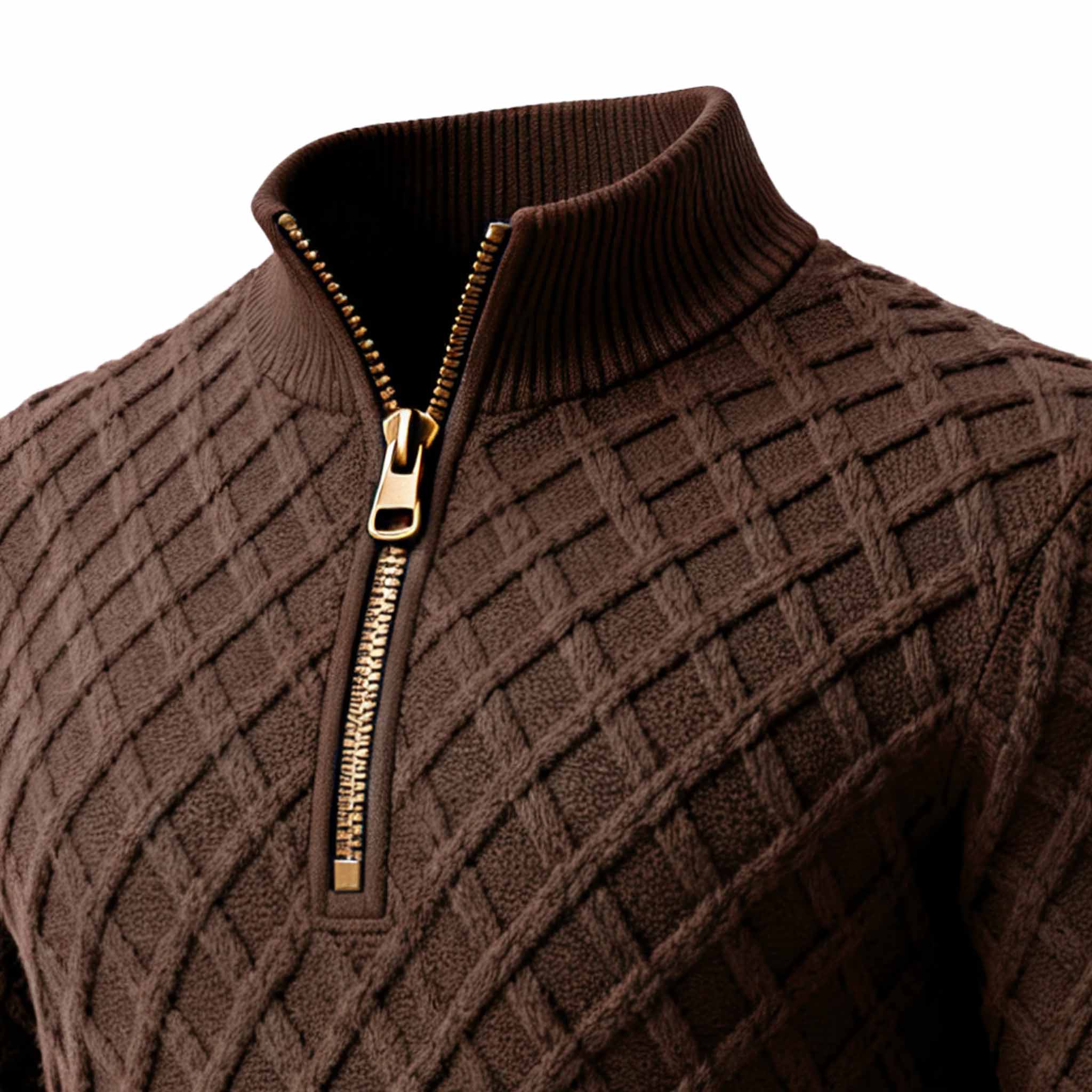 Men's Vintage Brown Cable Knit Half-Zip Sweater-Unitsen