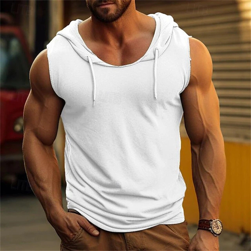 Men's Vintage Solid Color Hooded Sleeveless Muscle Tank Top-Unitsen