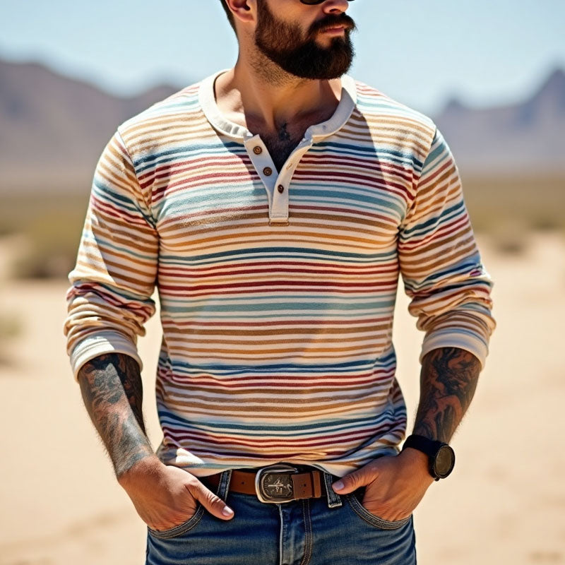 Men's Striped Long Sleeve Cotton Henley T-Shirt-Unitsen