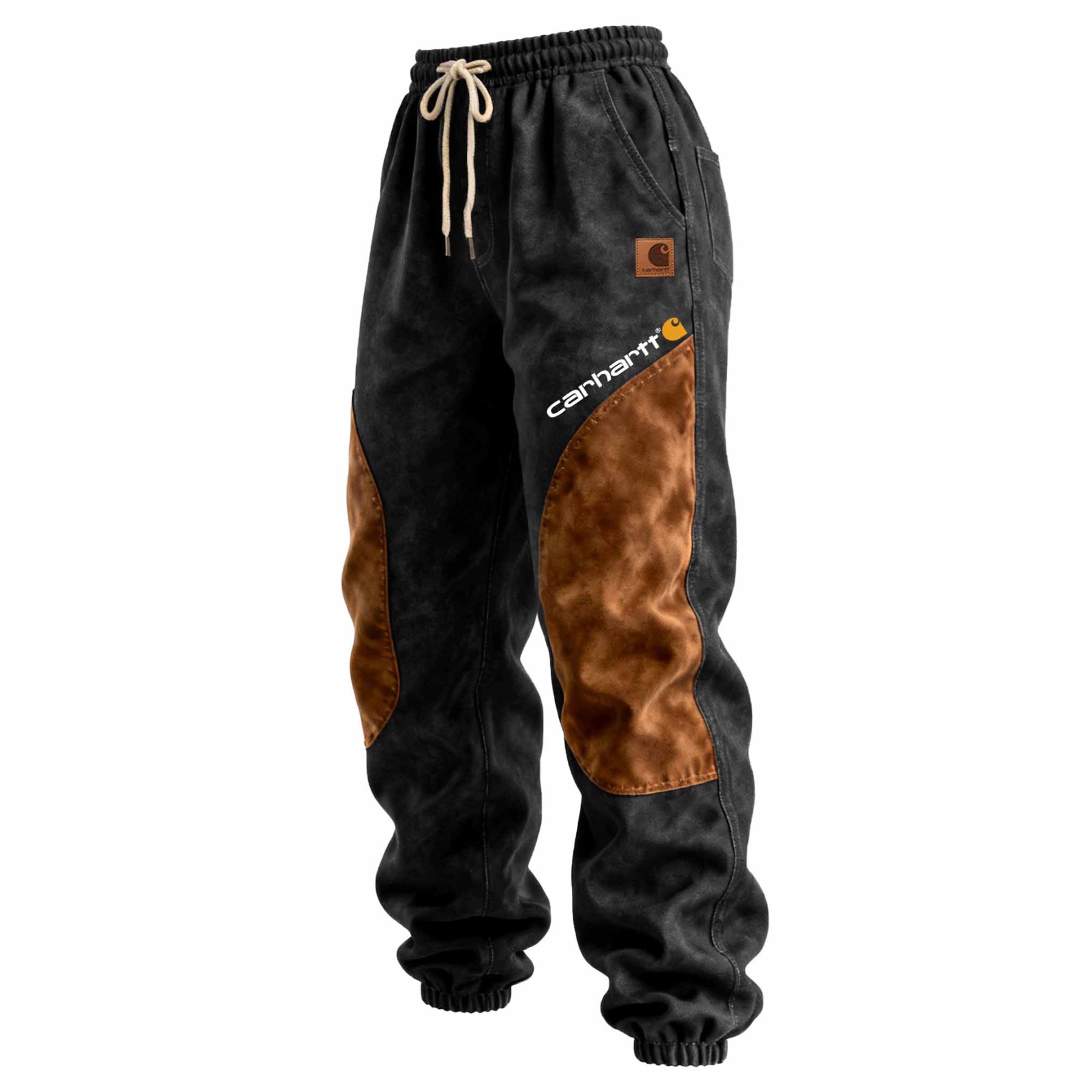 Men's Vintage Black Suede Contrasting Patches Pocket Work Elastic Drawstring Waist Pants Trousers-Unitsen