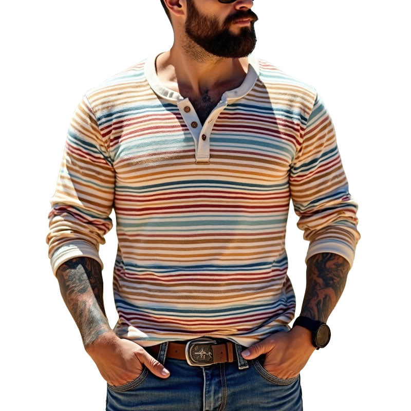 Men's Striped Long Sleeve Cotton Henley T-Shirt-Unitsen