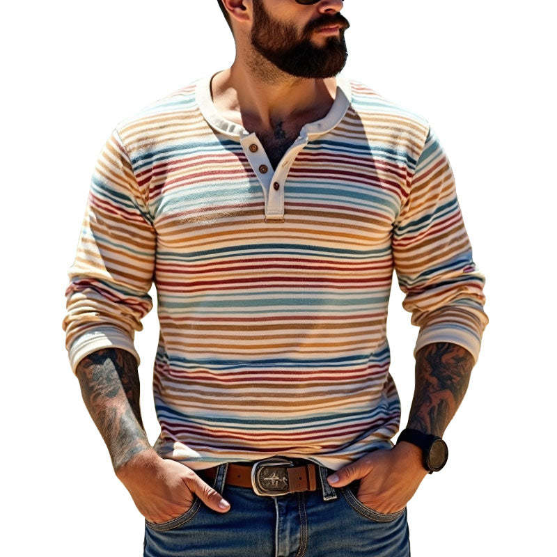 Men's Striped Long Sleeve Cotton Henley T-Shirt-Unitsen