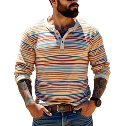 Men's Striped Long Sleeve Cotton Henley T-Shirt-Unitsen