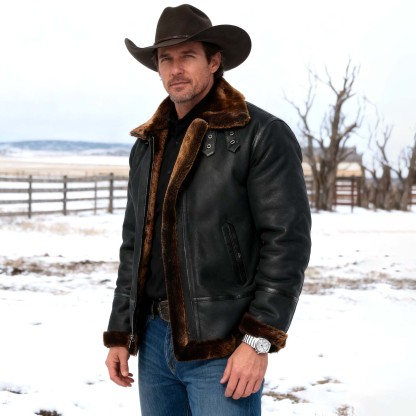 Men's Vintage Black Leather Fleece Brown Fur Lining Bomber Jacket-Unitsen