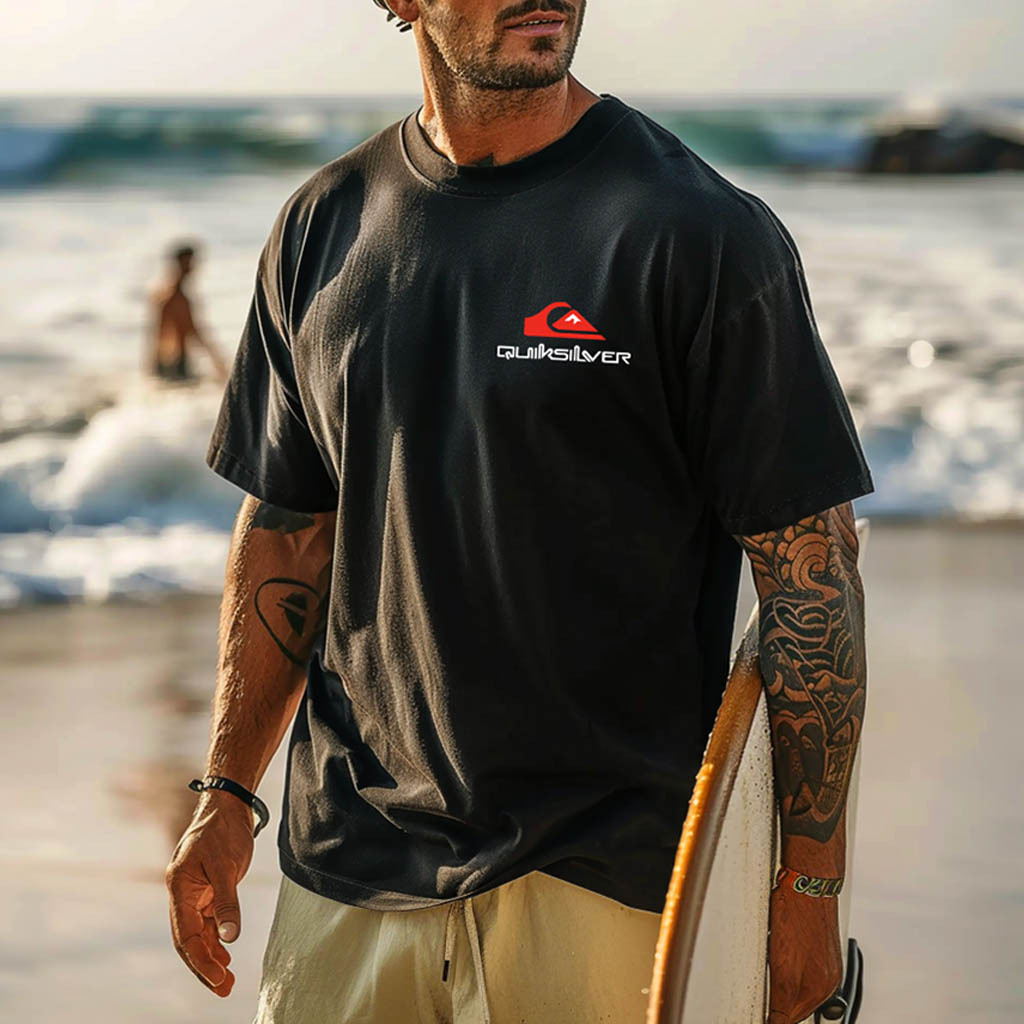 Quiksilver Men's Vintage Surfing Graphic Print Dark Gray Cotton Short Sleeve T-Shirt-Unitsen