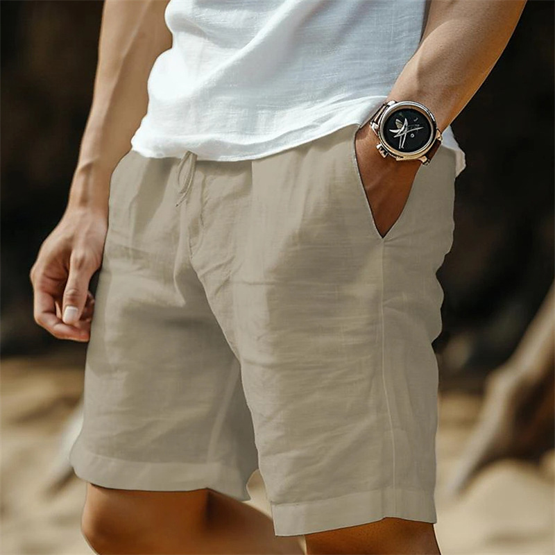 Men's Linen Pocket Drawstring Elastic Beach Surf Shorts-Unitsen