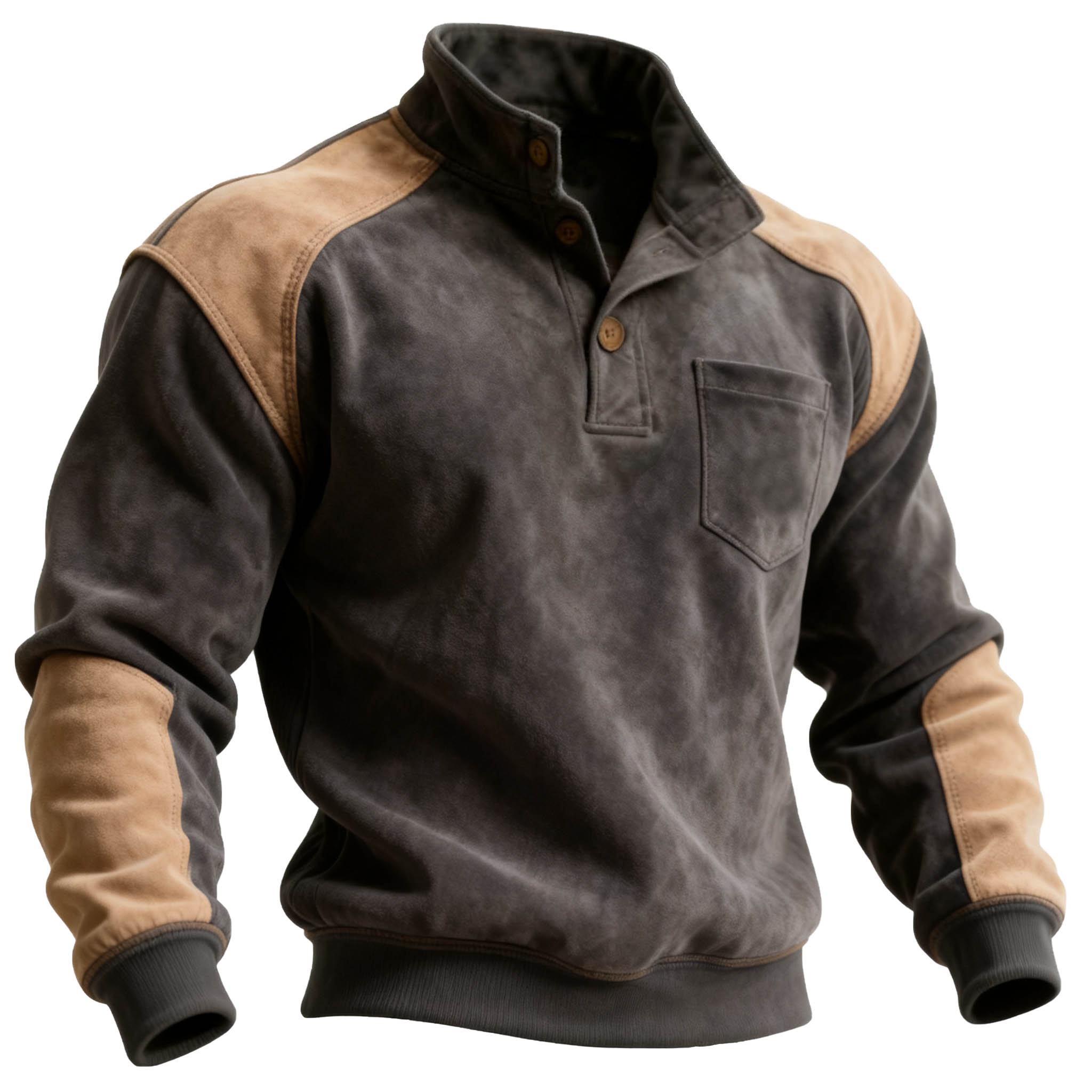 Men's Vintage Embroidered Gray Suede Color-Contrast Button-Down Stand Collar Sweatshirt