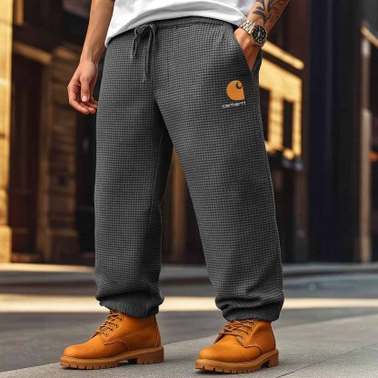 Men's Vintage Waffle Knit Embroidery Drawstring Waist Sweatpants-Unitsen