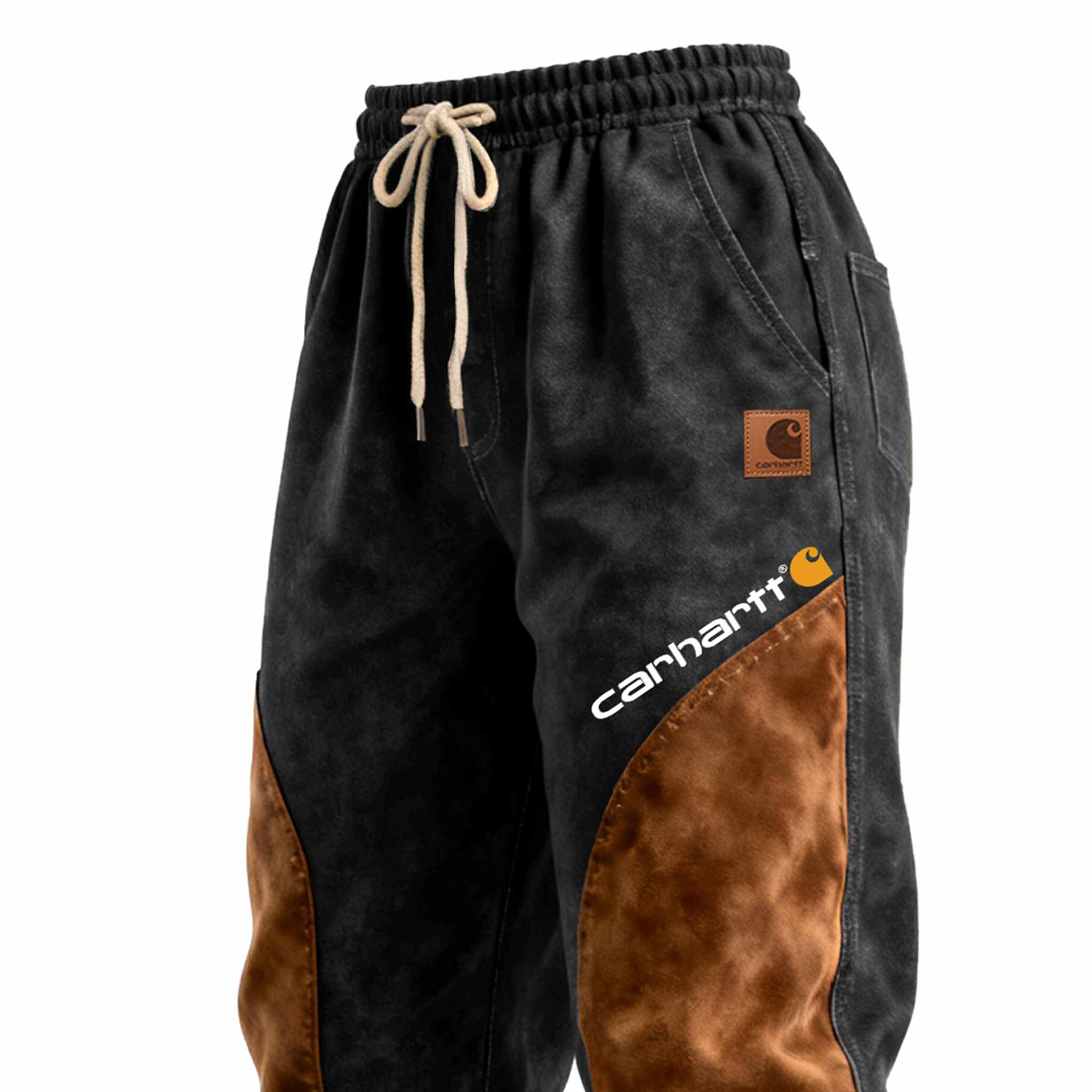 Men's Vintage Black Suede Contrasting Patches Pocket Work Elastic Drawstring Waist Pants Trousers-Unitsen