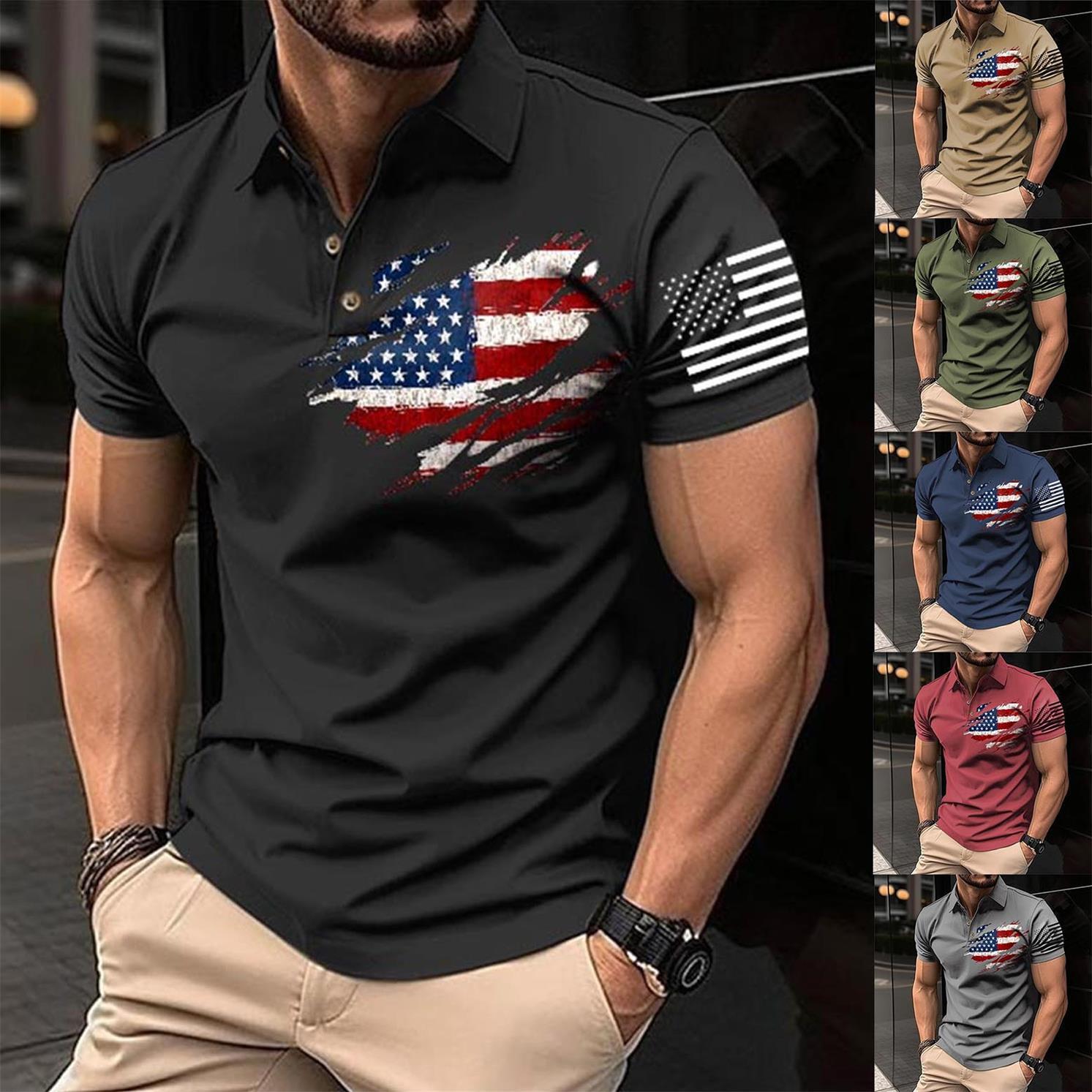 Men's T-Shirt Polo Vintage American Flag Independence Day Short Sleeve Outdoor Summer Daily Top Navy Blue Black Khaki-Unitsen