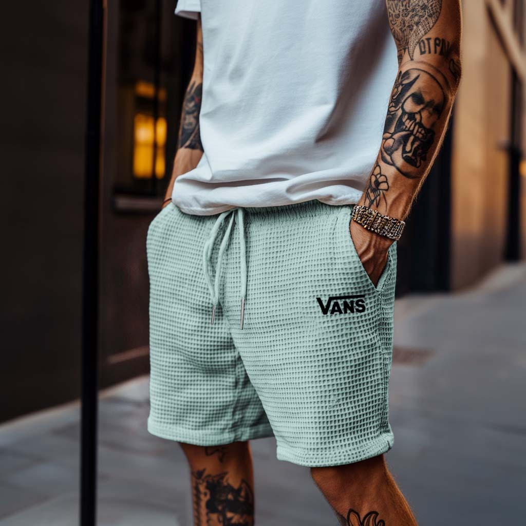 Vans Men's Vintage Waffle Knit Beige Elastic Drawstring Board Surf Shorts-Unitsen