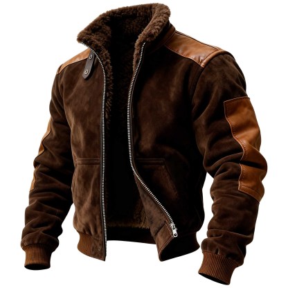 Men's Vintage Brown Suede Fleece Stand Collar Jacket