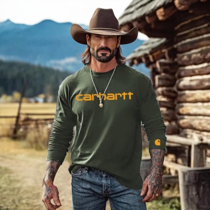 Men's Vintage Western Cowboy Casual Round Neck Long Sleeve T-Shirt-Unitsen
