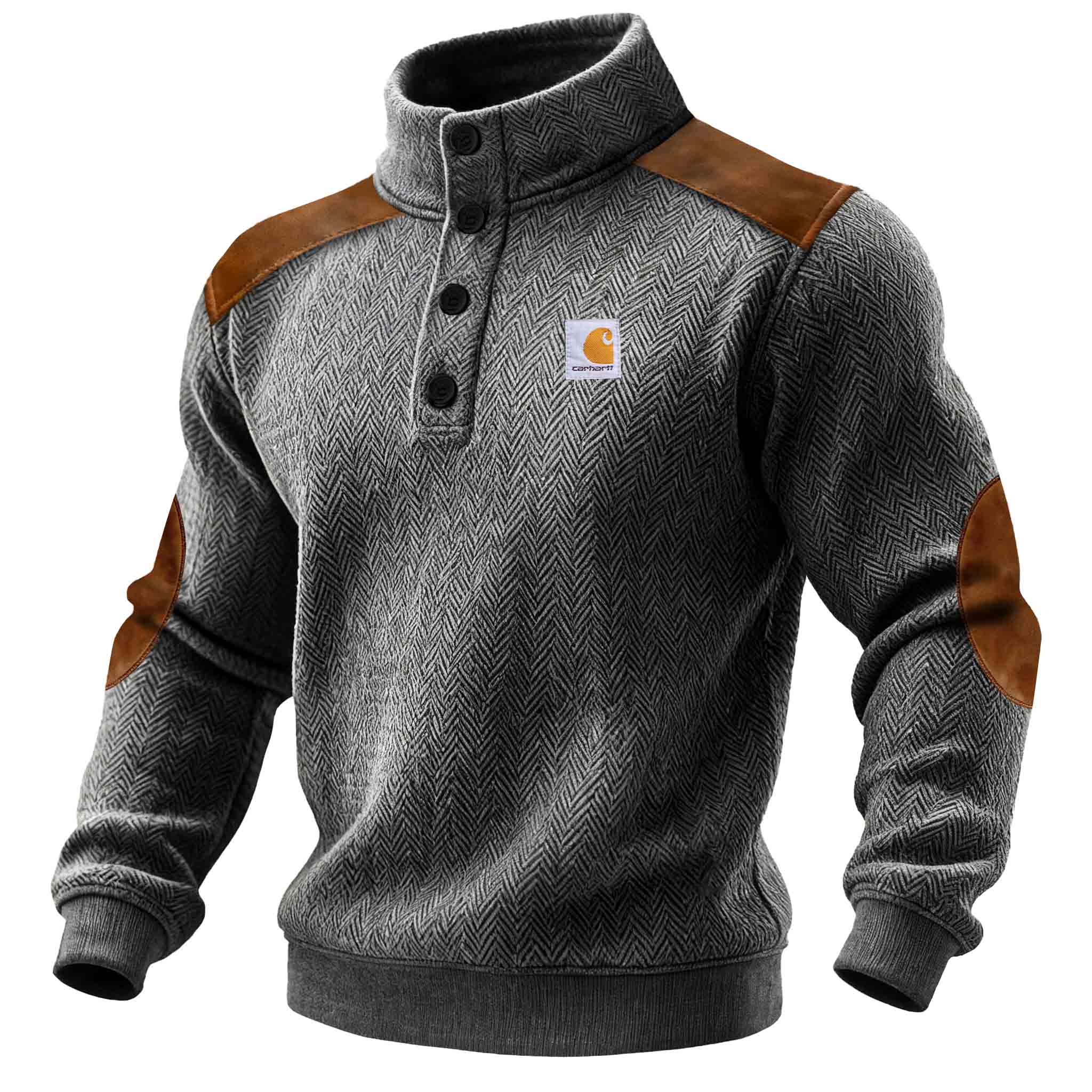 Men's Vintage Dark Gray Herringbone Suede Elbow Patches Button-Down Stand Collar Sweatshirt-Unitsen