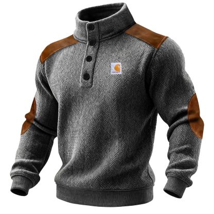 Men's Vintage Dark Gray Herringbone Suede Elbow Patches Button-Down Stand Collar Sweatshirt-Unitsen