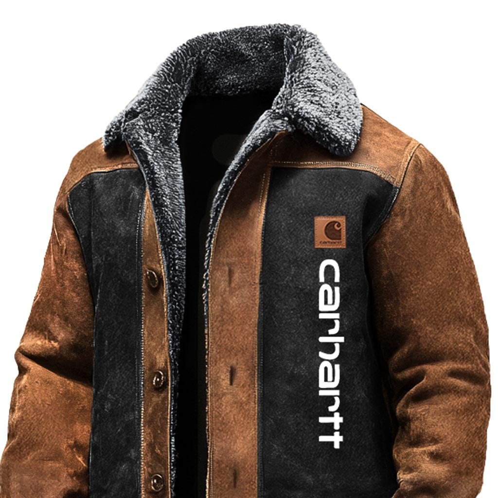 Men's Vintage Suede Brown And Black Contrast Fleece Lapel Collar Long Shearling Jacket-Unitsen
