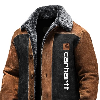 Men's Vintage Suede Brown And Black Contrast Fleece Lapel Collar Long Shearling Jacket-Unitsen