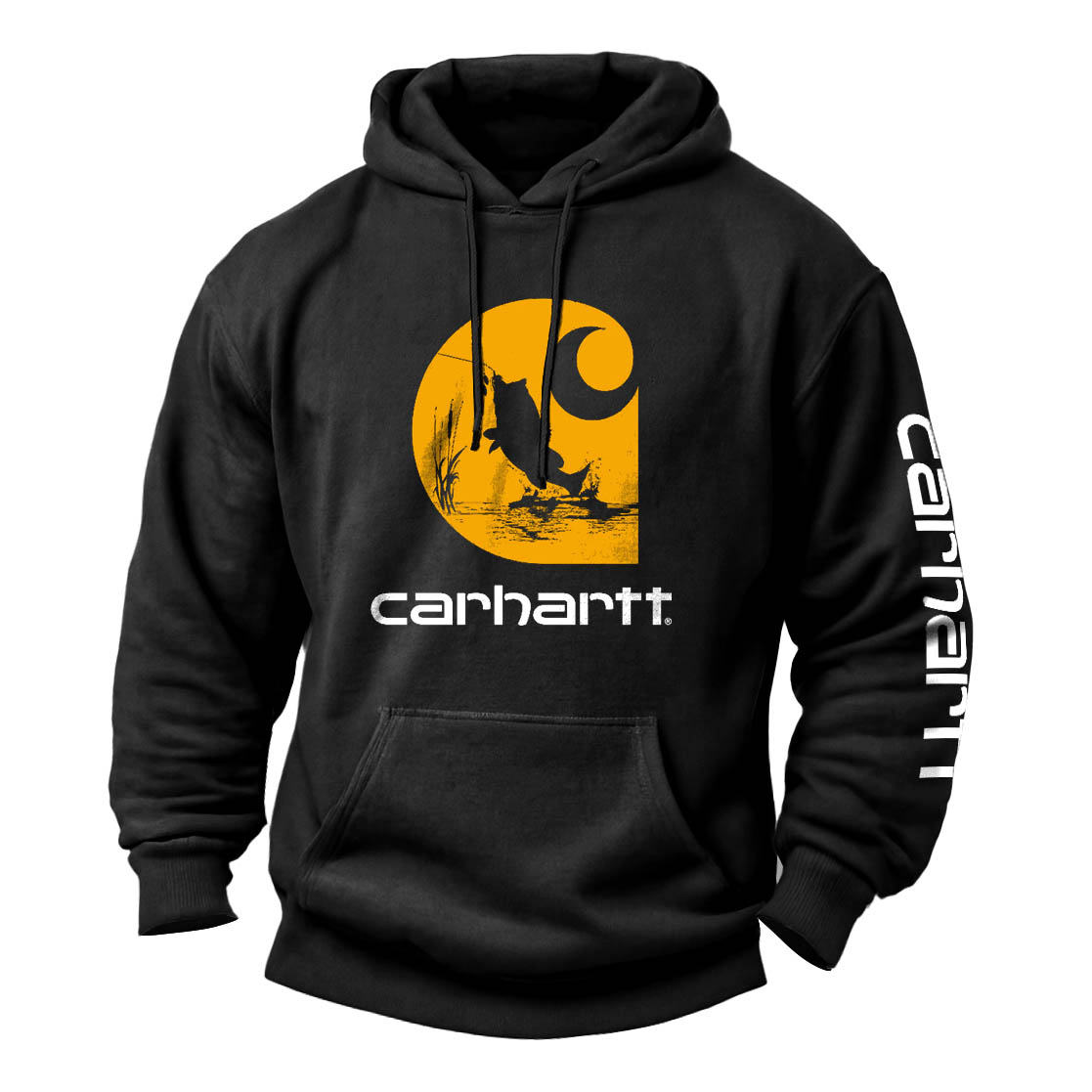 Men's Vintage Fishing Print Pocket Long Sleeve Hoodie-Unitsen