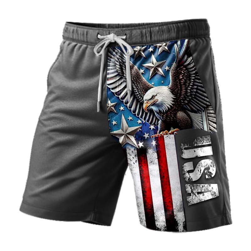 Men's American Flag Eagle Print Elastic Drawstring Shorts-Unitsen