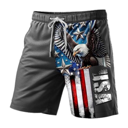 Men's American Flag Eagle Print Elastic Drawstring Shorts-Unitsen