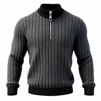 Men's Vintage Gray Ribbed Contrast Half-Zip Stand Collar Knit Sweater-Unitsen