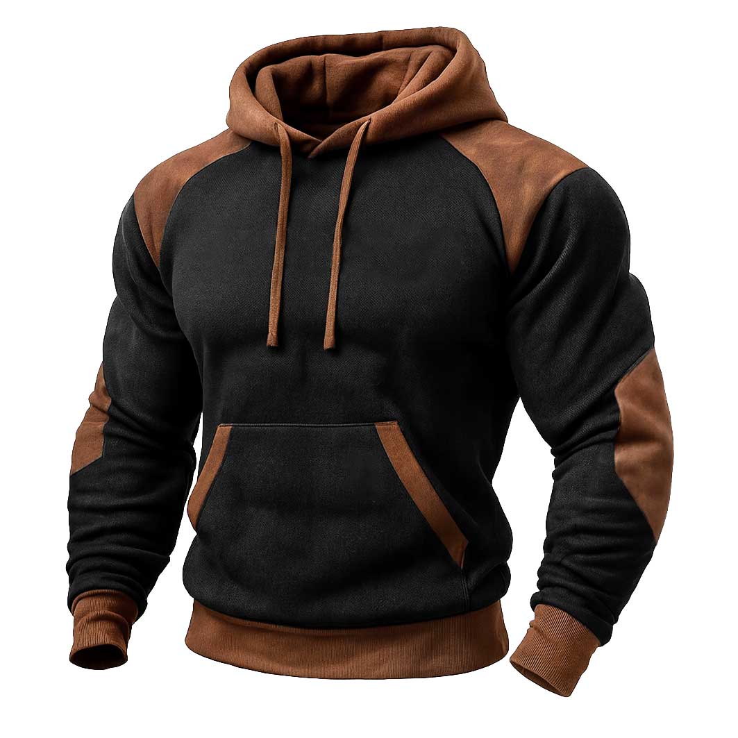 Men's Vintage Western Cowboy Embroidered Black And Suede Brown Color Block Hoodie-Unitsen