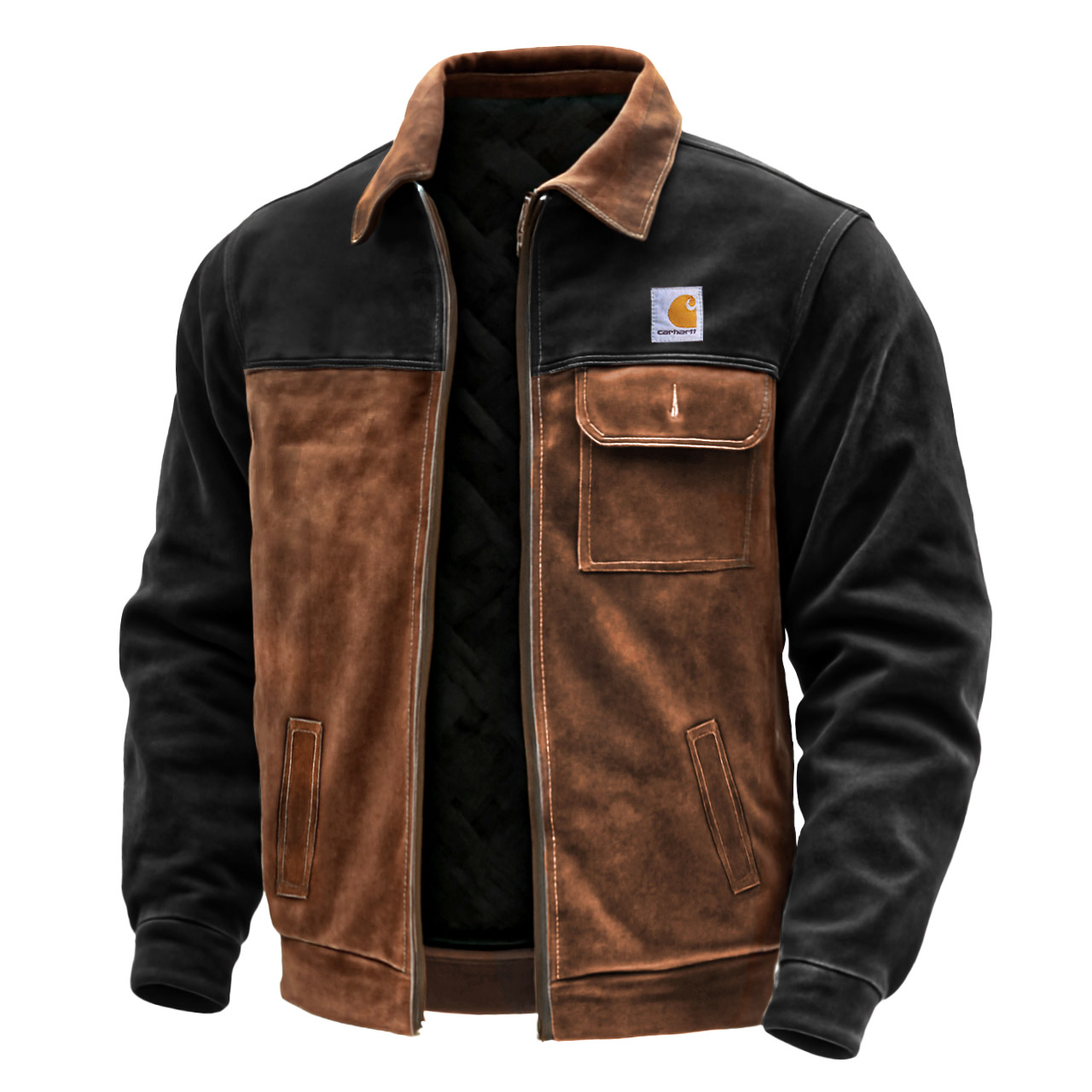 Men's Vintage Suede Winter Color-Block Lapel Jacket-Unitsen