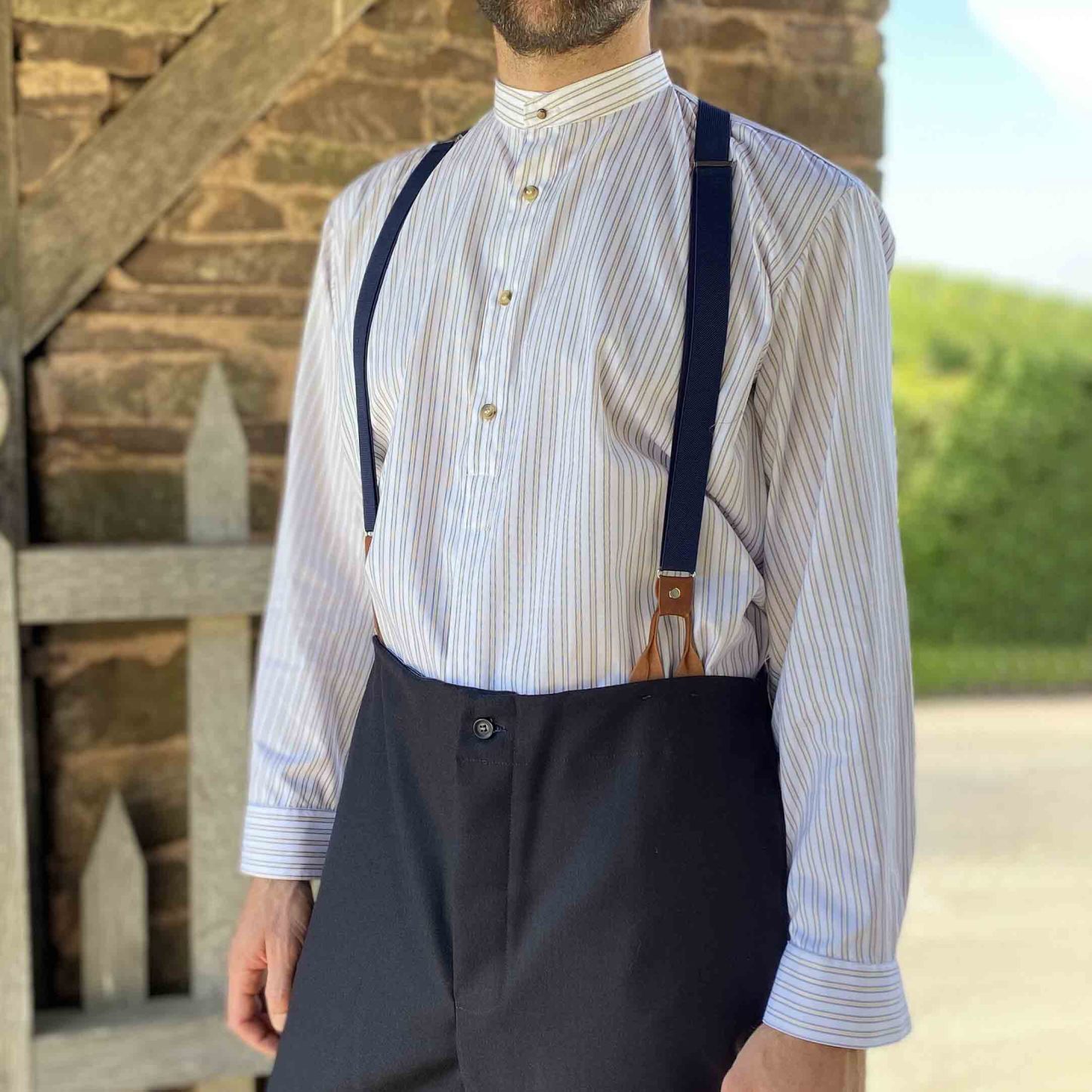 Men's Collarless Shirt Vintage Stripe Long Sleeve Daily Tops White-Unitsen