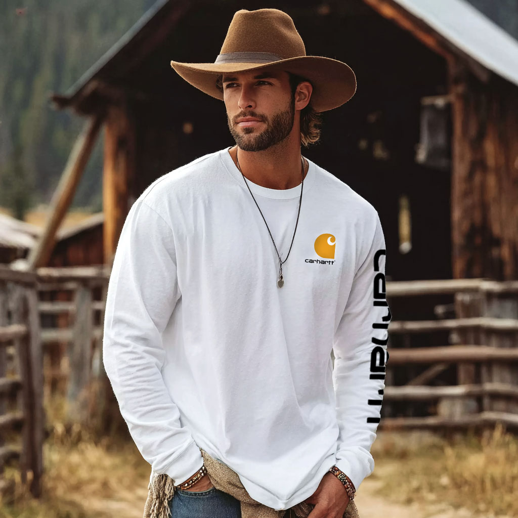 Men's Vintage White Western Denim Casual Round Neck Long Sleeve T-Shirt-Unitsen
