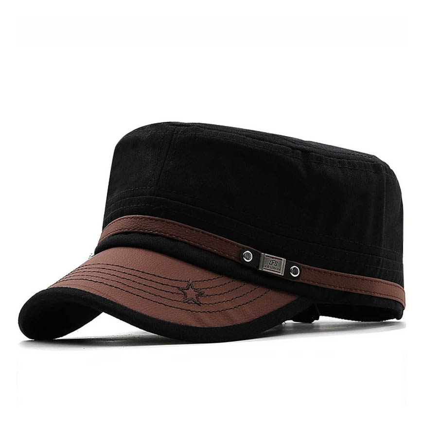 Men's Flat-top Leather Peaked Cap Military Cap Casual Sun Hat-Unitsen