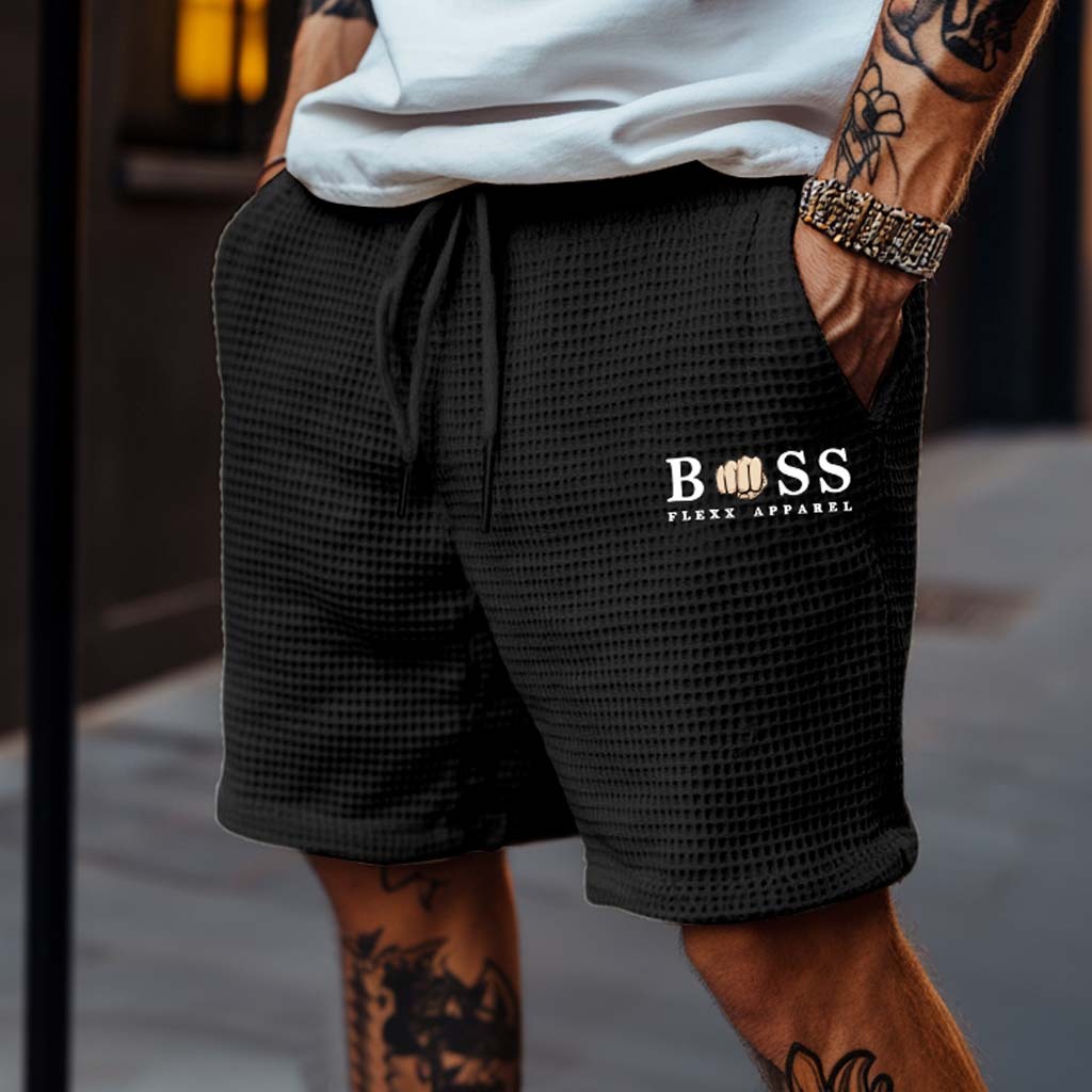 Men's Vintage Waffle Knit Beige Elastic Drawstring Board Surf Shorts-Unitsen