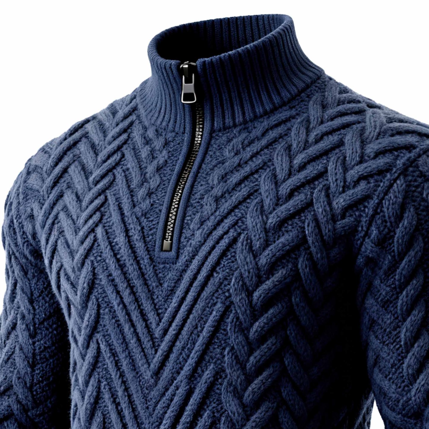 Men's Vintage Navy Blue Cable Knit Sweater With Half-Zipper-Unitsen